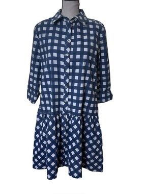 La Plage Blue White Gingham Shirt Dress Size S Pockets